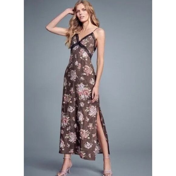 NWT Brock Collection H&M Maxi Slip Dress Floral Woodsy Lace Trim Brown Slits LG - Picture 1 of 15